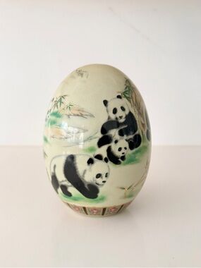 Hand-Painted Porcelain Egg with Panda Family